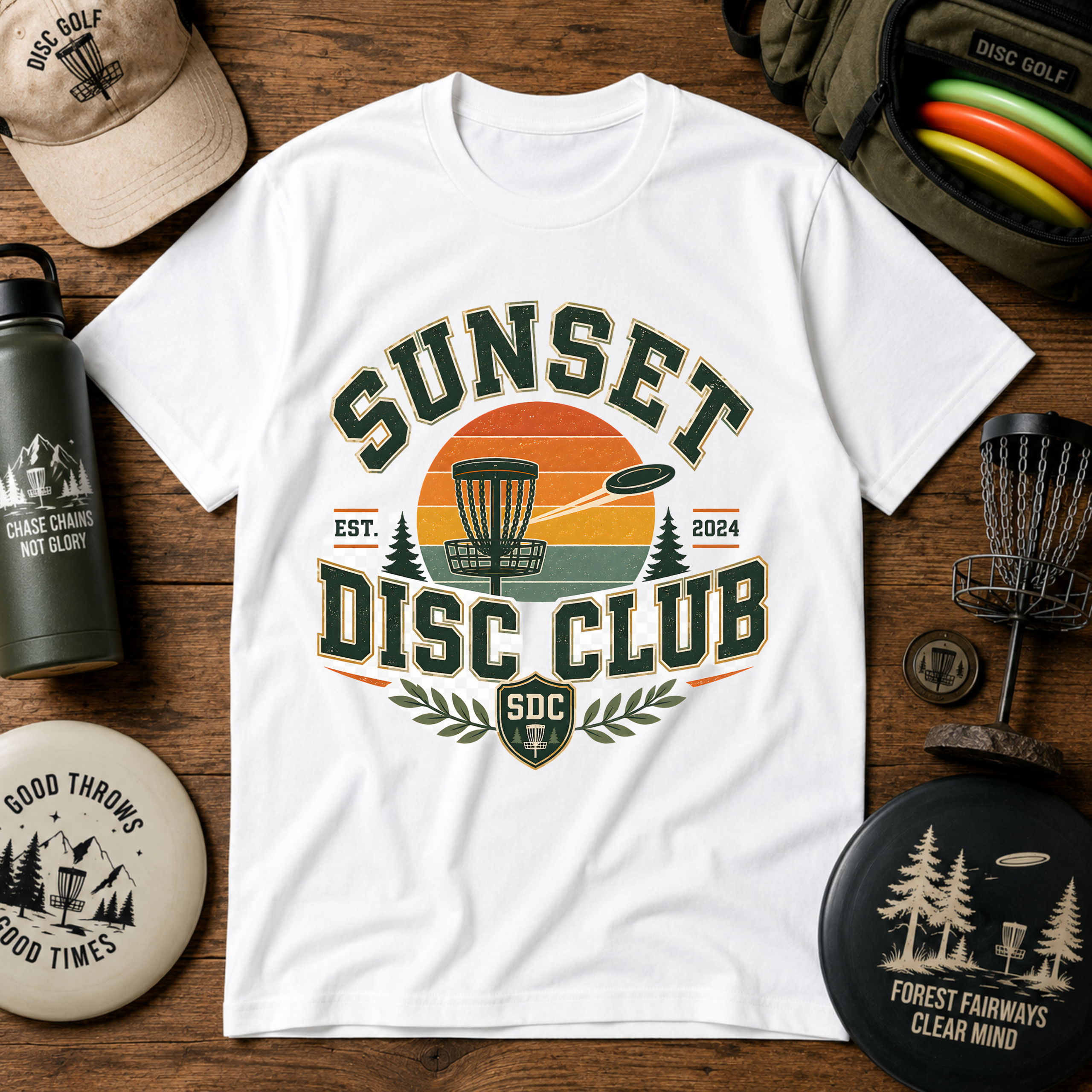 Disc Golf T‑Shirt | "Sunset Disc Club" Vintage Sunset Design (EST. 2024)