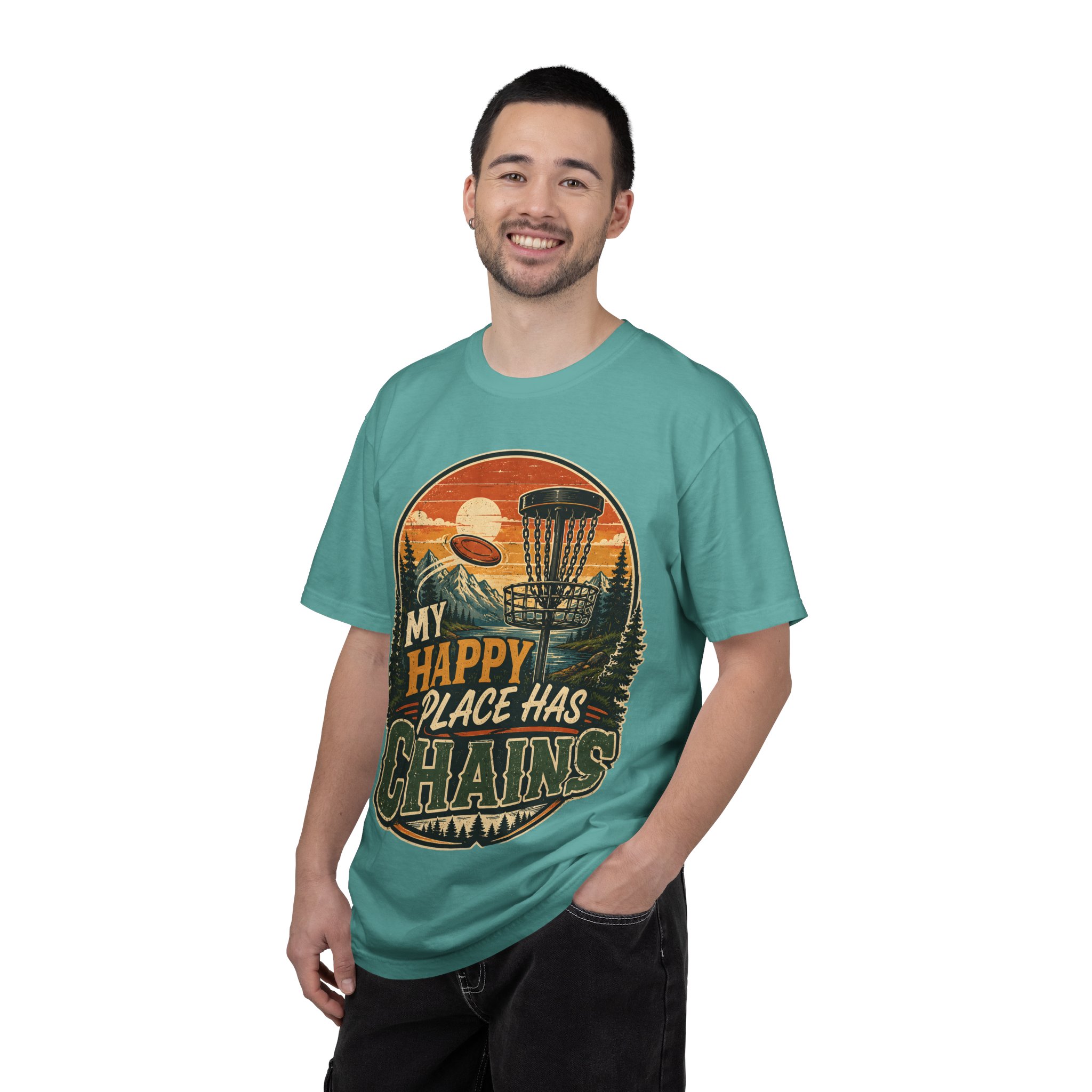 Disc Golf T-Shirt — “My Happy Place Has Chains” Vintage Outdoor Tee - Image 10